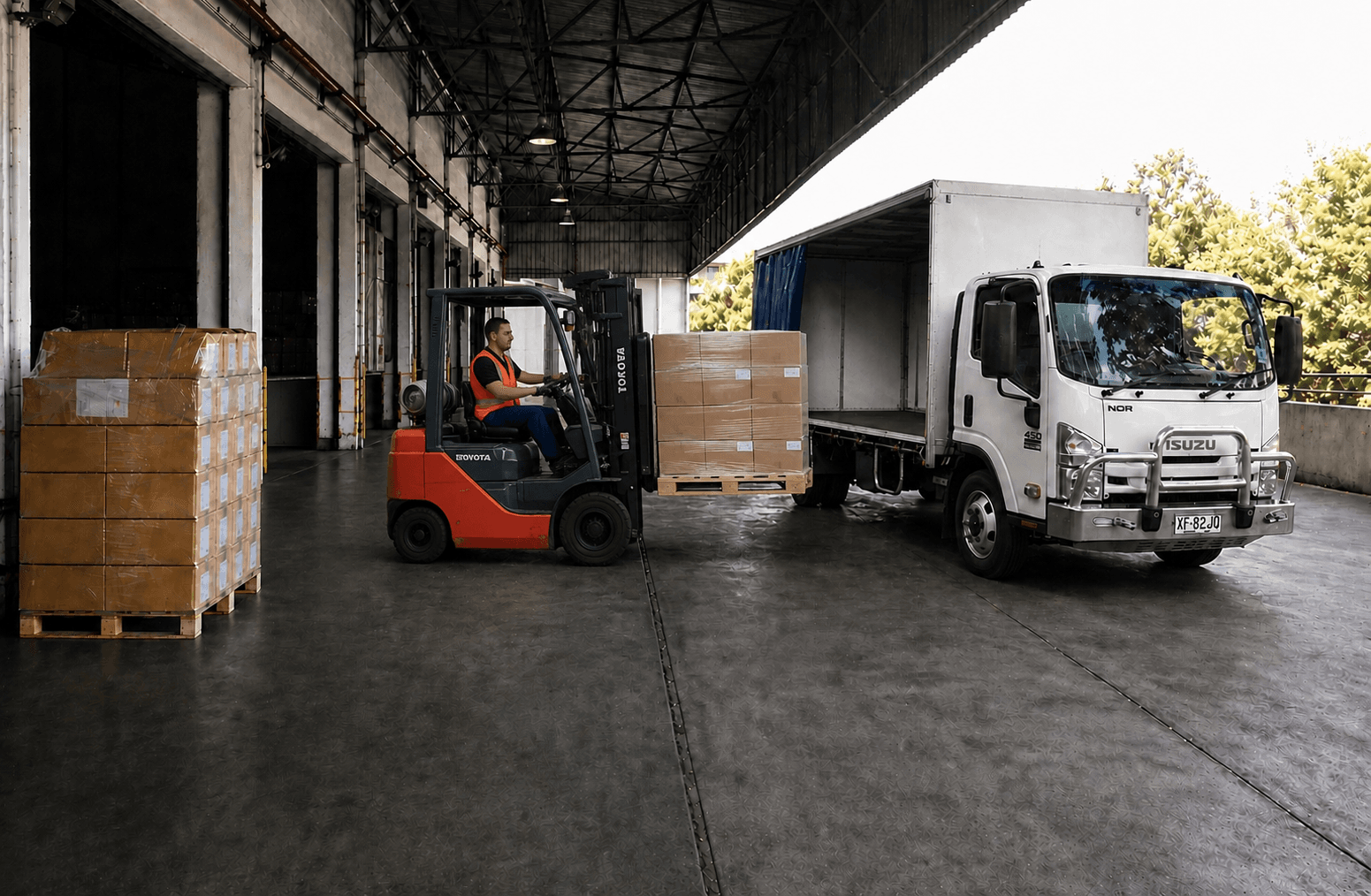 Forklift loading palletised freight onto a Quick Cargo truck