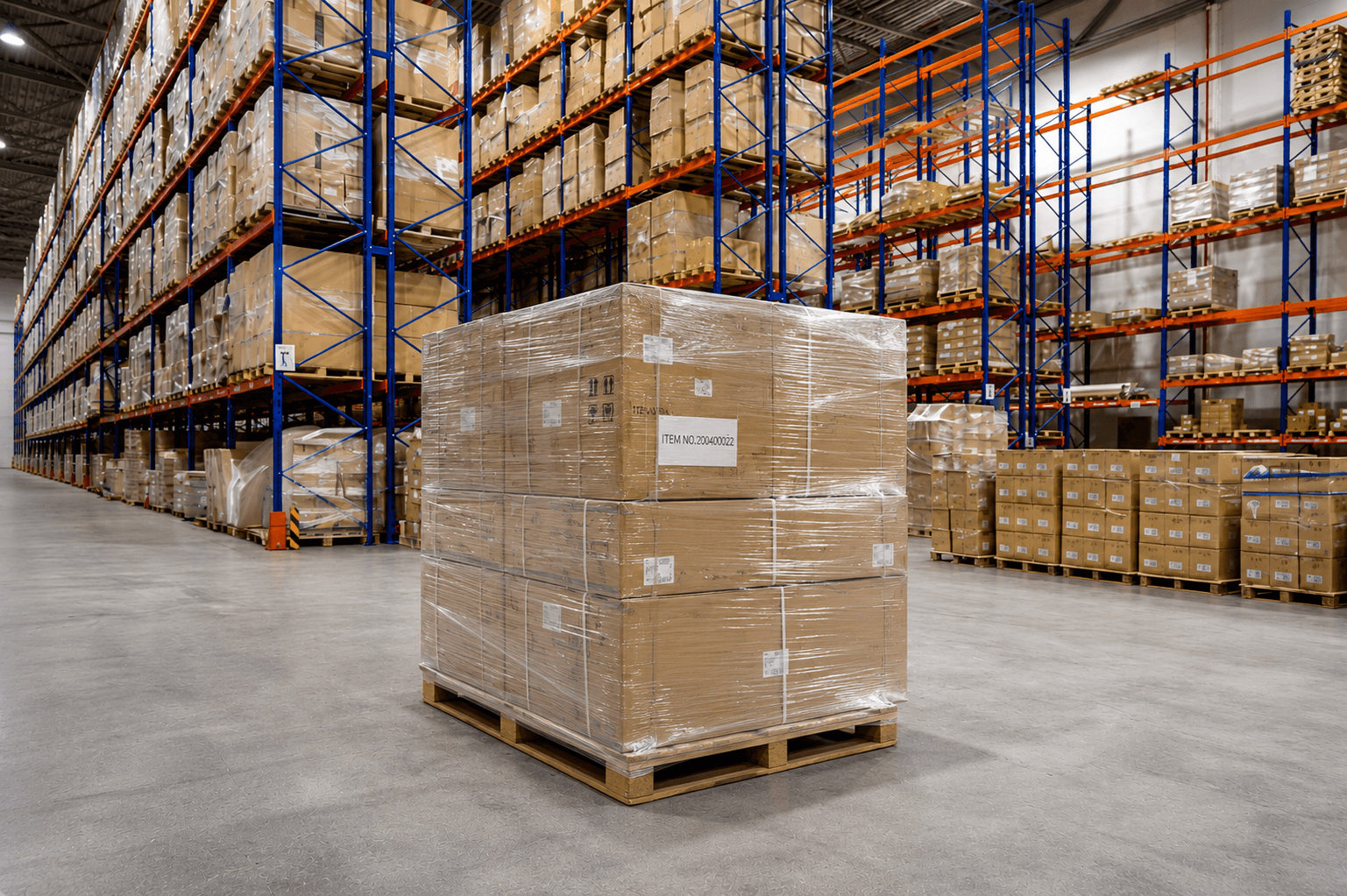 Shrink-wrapped pallet in a Quick Cargo warehouse