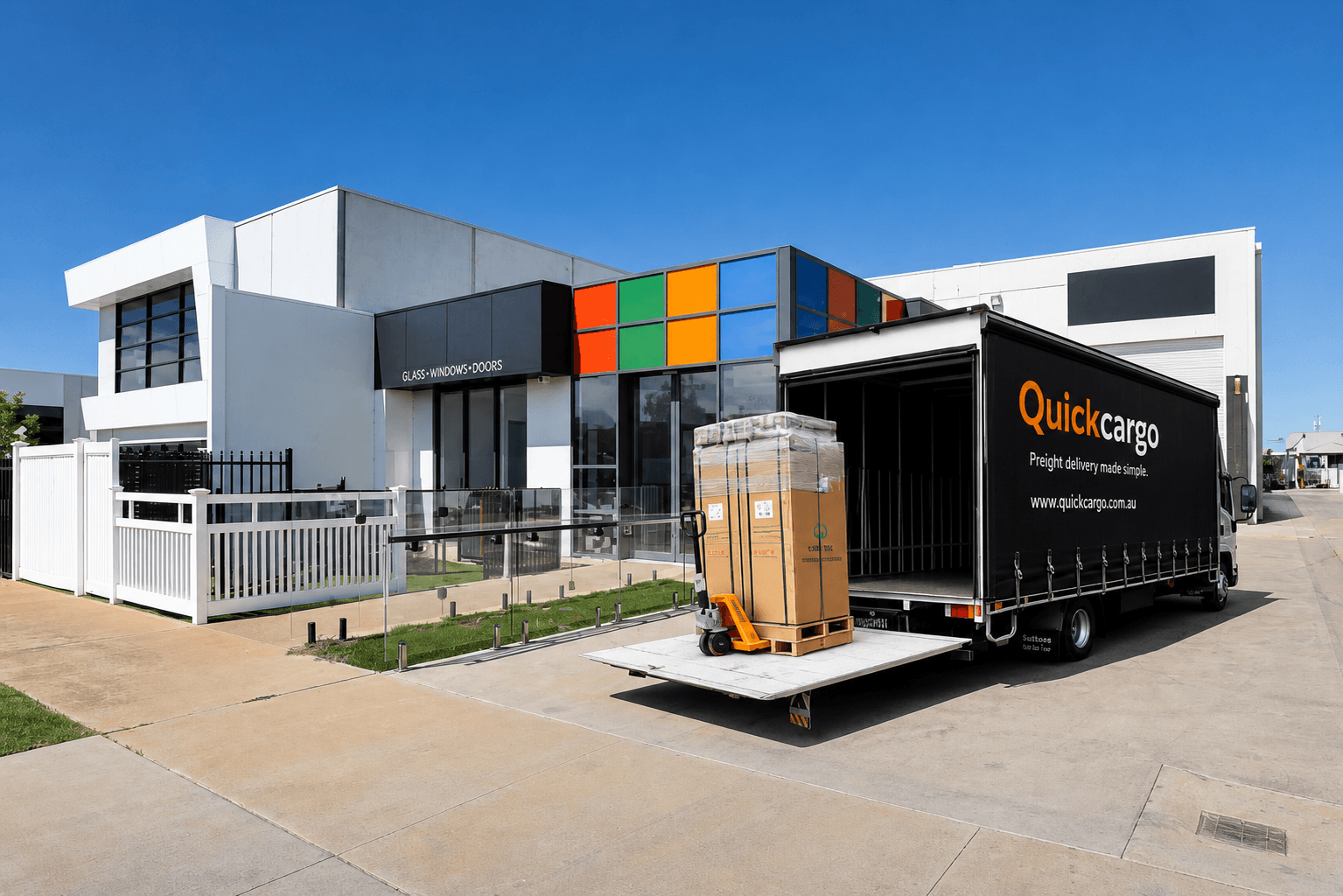 Quick Cargo tail lift truck lowering palletised freight to ground level