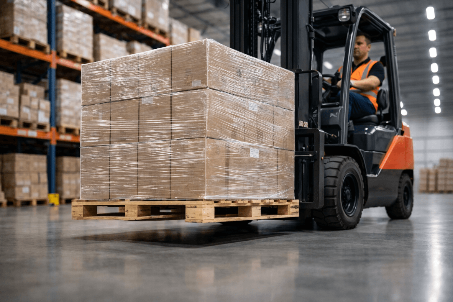Forklift loading palletised stock for inbound e-commerce freight