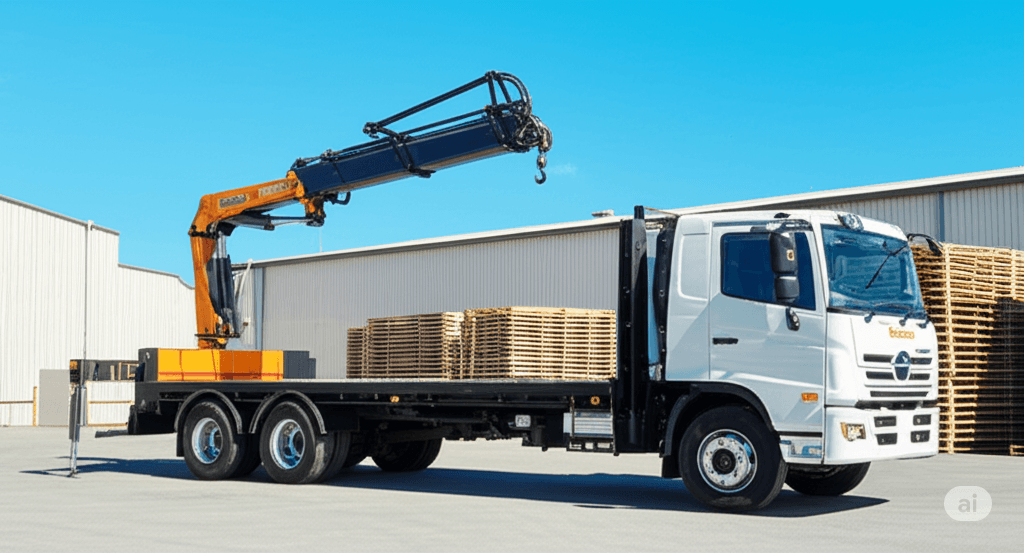 HIAB crane truck with its hydraulic crane raised beside a warehouse