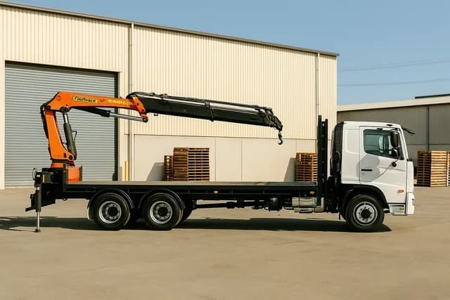 Quick Cargo HIAB crane truck lifting heavy freight on site