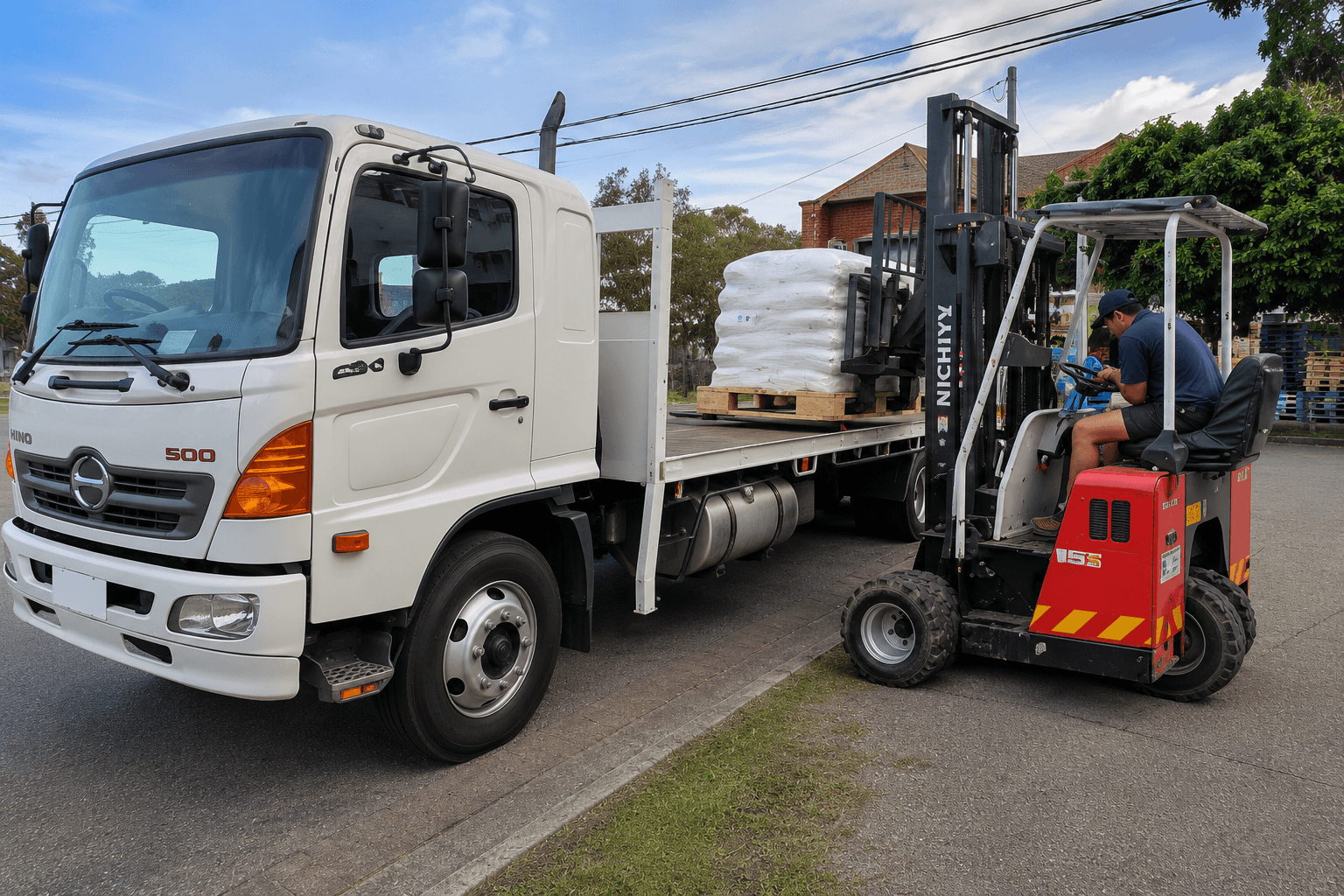 Quick Cargo Moffett truck with its forklift loading pallets