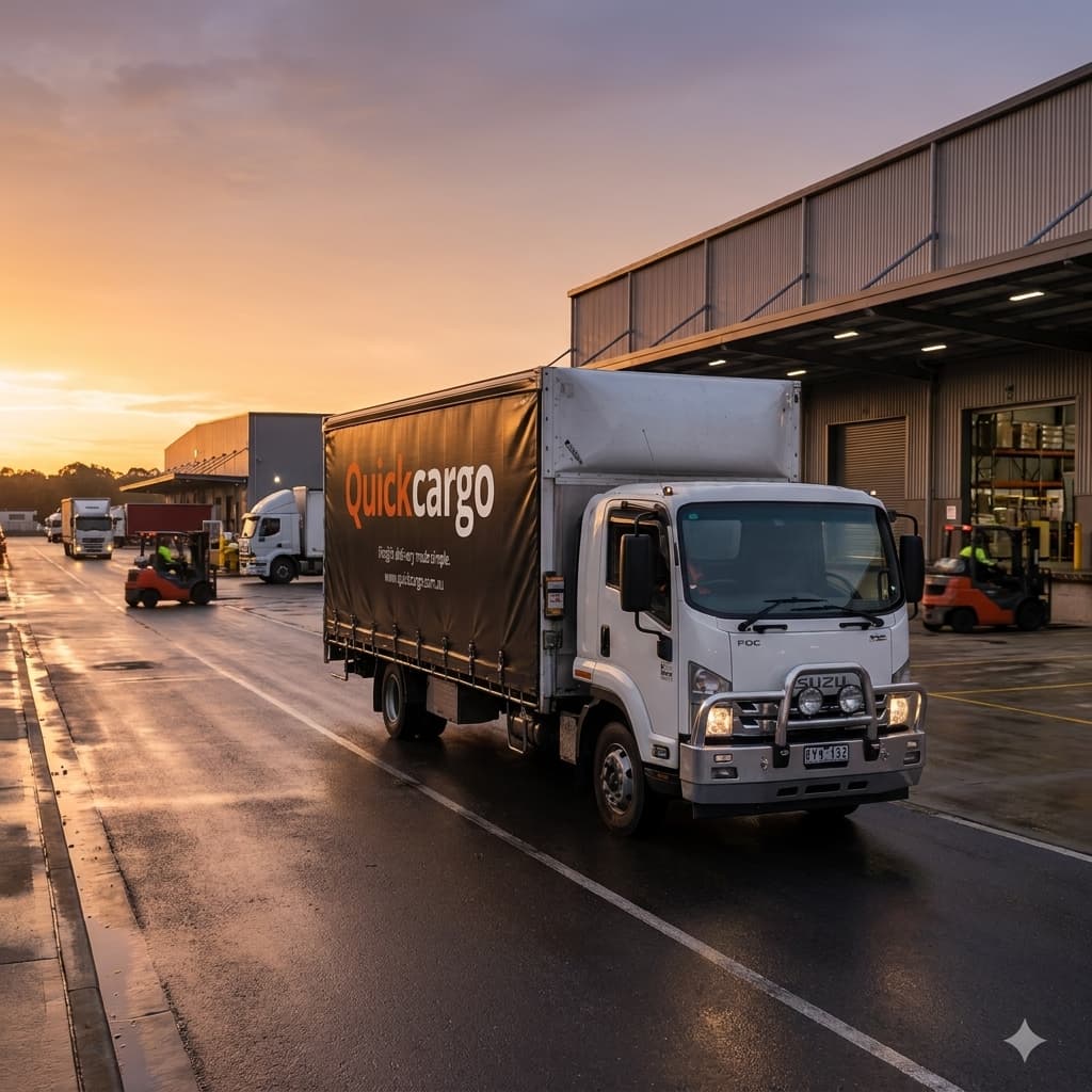 Quick Cargo truck leaving a warehouse depot at sunset