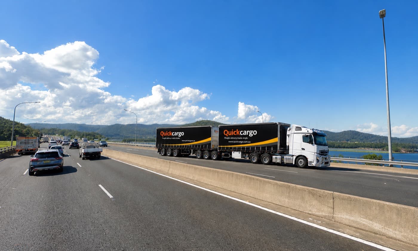 Quick Cargo branded B-double ready for a full truckload run between Sydney and Brisbane