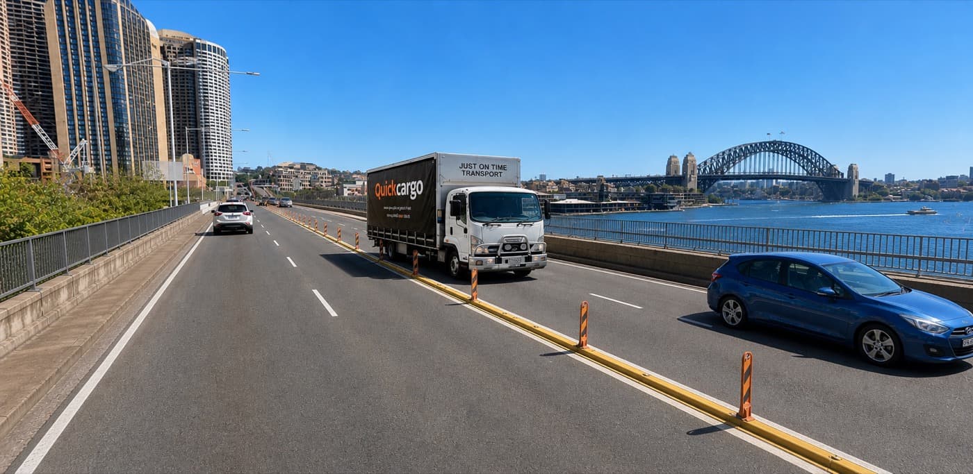 Quick Cargo truck on a Sydney expressway with the Harbour Bridge behind