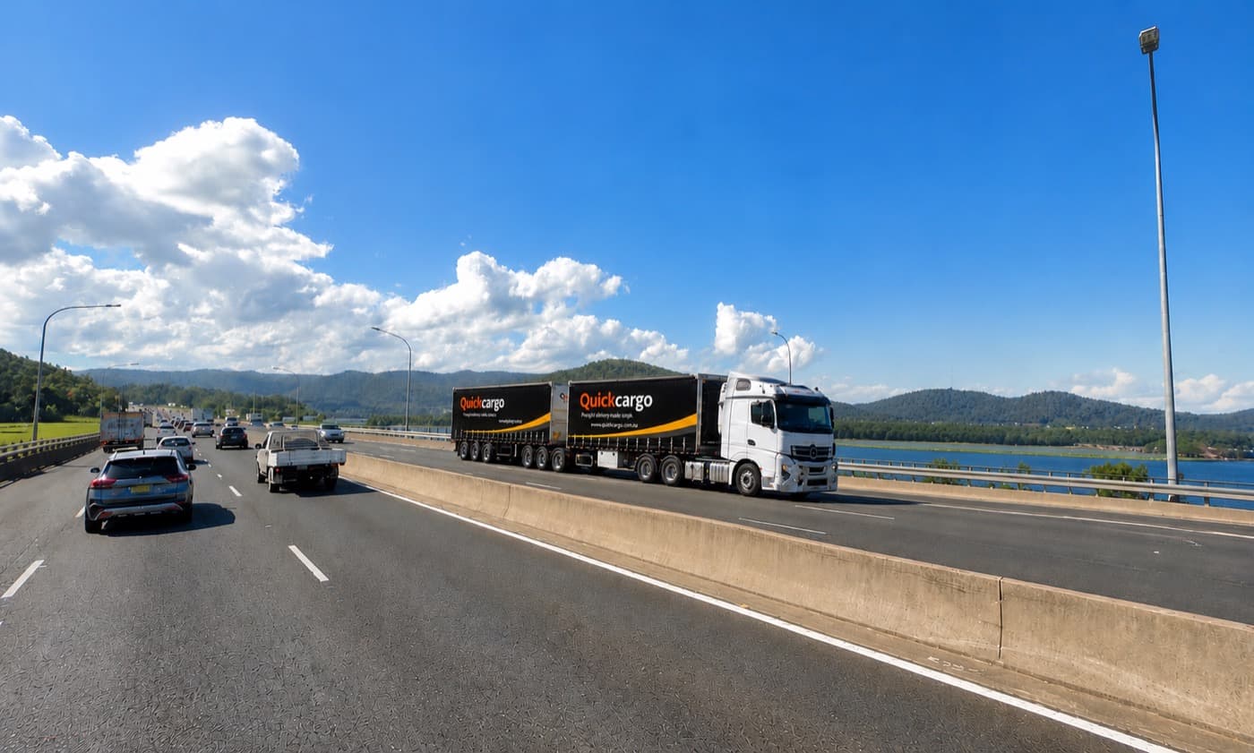 Quick Cargo branded B-double on a highway between Sydney and Canberra
