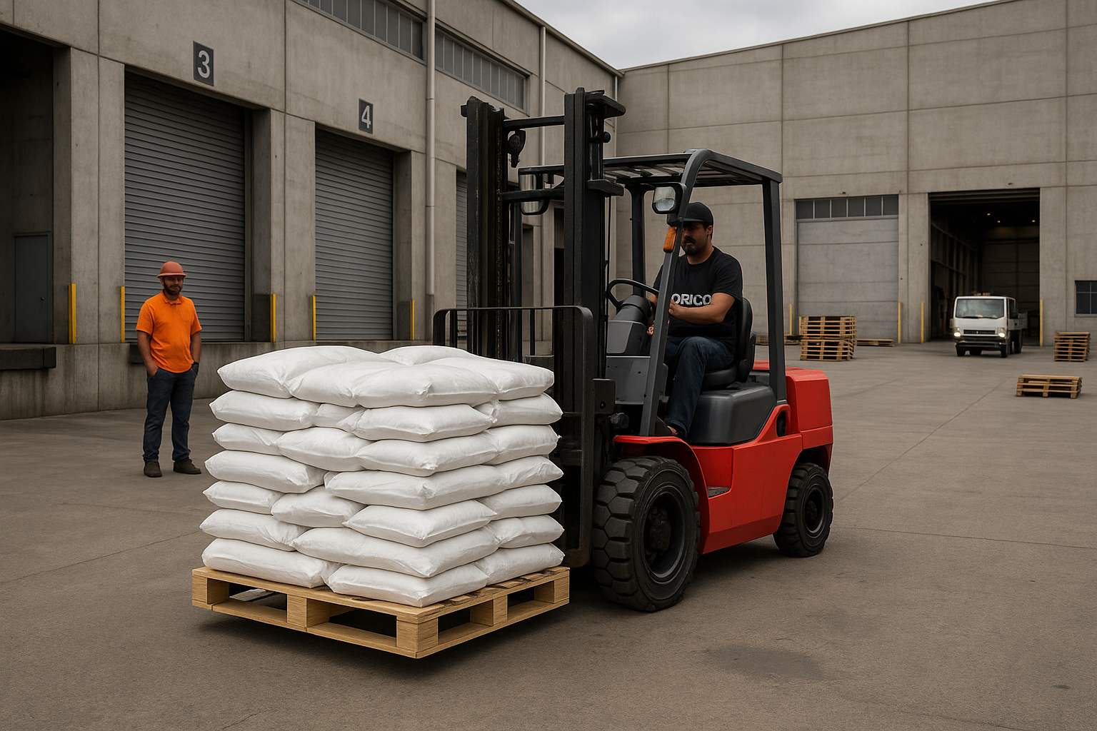 Forklift operator moving a pallet of white sacks in front of a warehouse